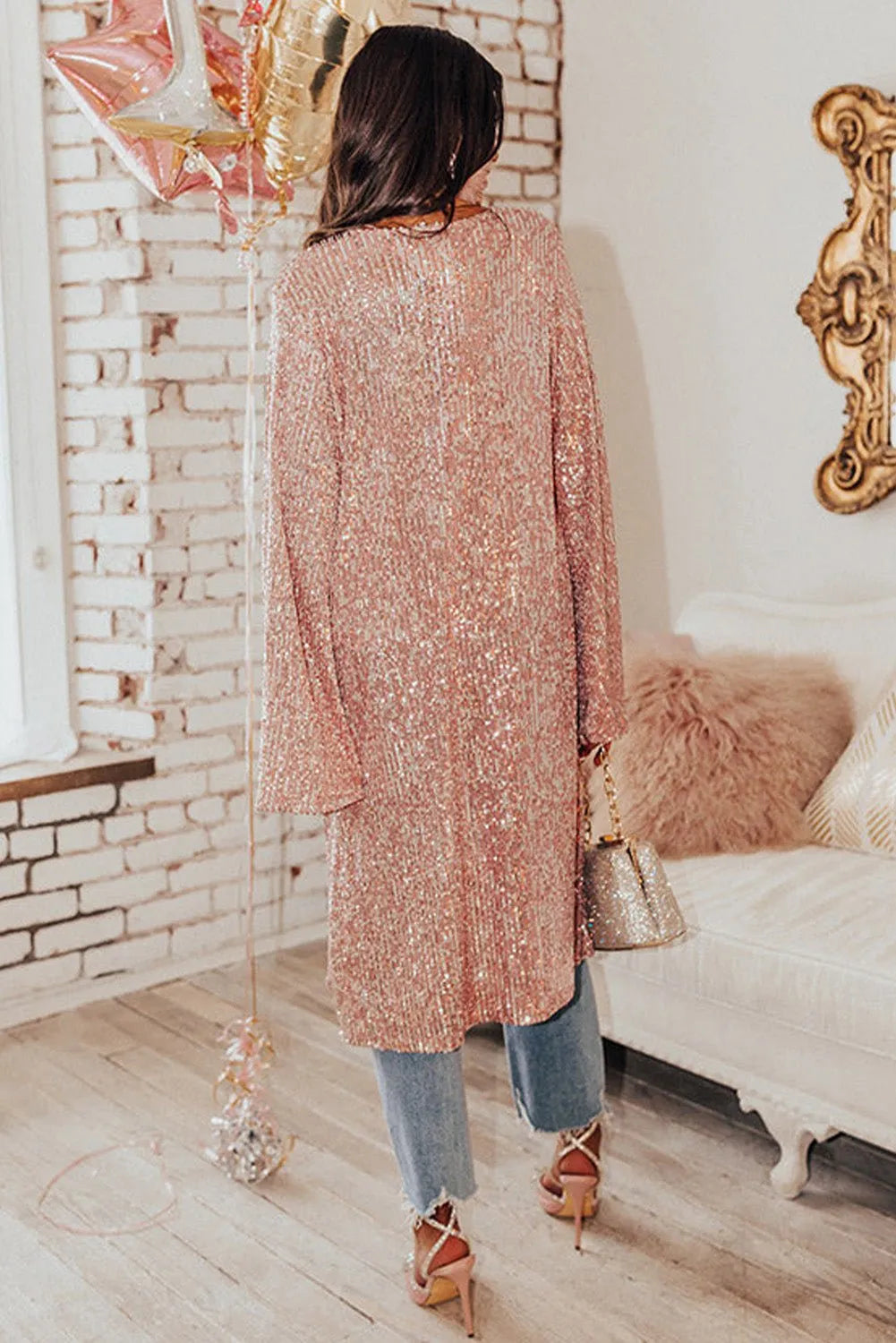 Pink Sequin Flare Sleeve Kimono for a Glamorous Look - Chic Meadow Boutique 