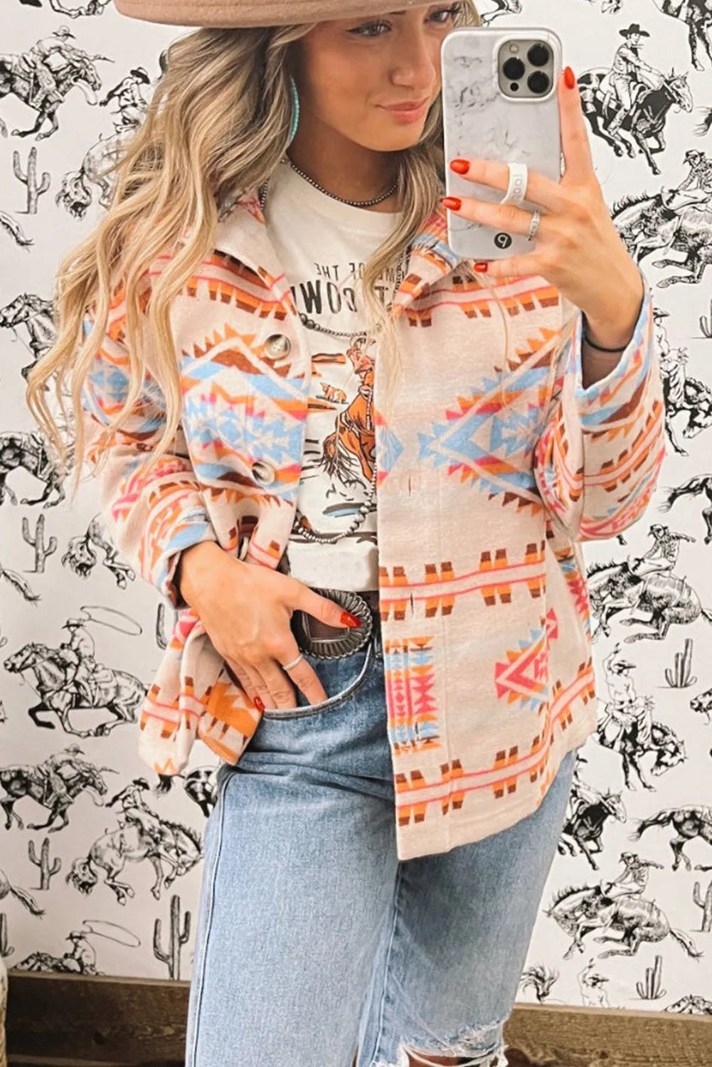 Pink Western Aztec Print Button-Up Lightweight Shacket - Chic Meadow Boutique 