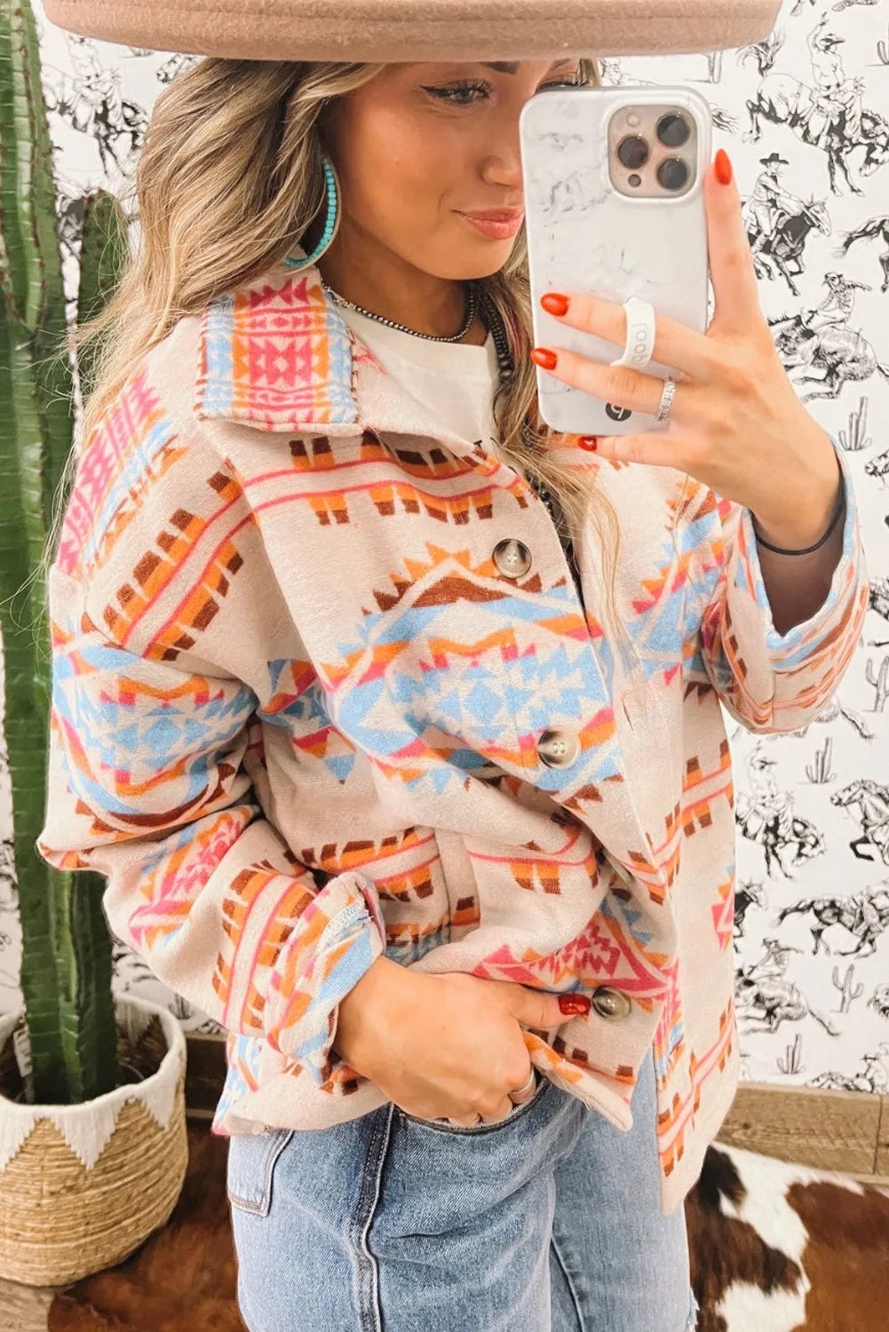 Pink Western Aztec Print Button-Up Lightweight Shacket - Chic Meadow Boutique 