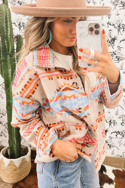 Pink Western Aztec Print Button-Up Lightweight Shacket - Chic Meadow Boutique 