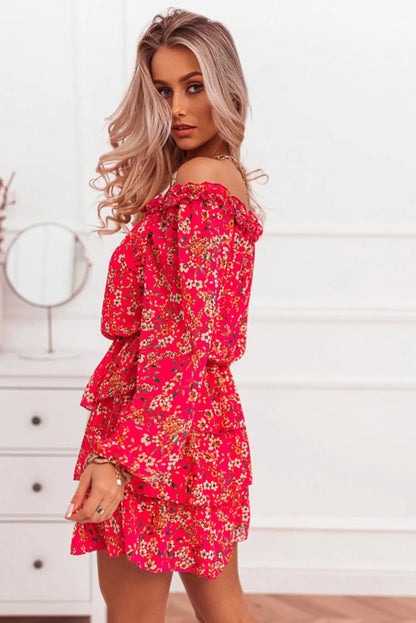 Red Frilled Neckline Tiered Ruffled Floral Dress - Chic Meadow Boutique 