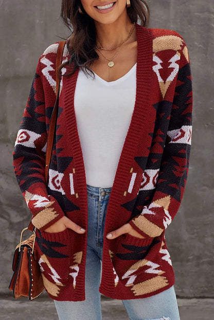 Red Moraga Pocketed Aztec Cardigan - Chic Meadow Boutique 