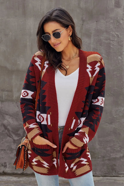 Red Moraga Pocketed Aztec Cardigan - Chic Meadow Boutique 