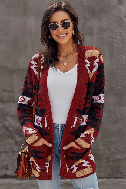 Red Moraga Pocketed Aztec Cardigan - Chic Meadow Boutique 