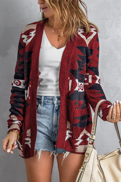 Red Moraga Pocketed Aztec Cardigan - Chic Meadow Boutique 