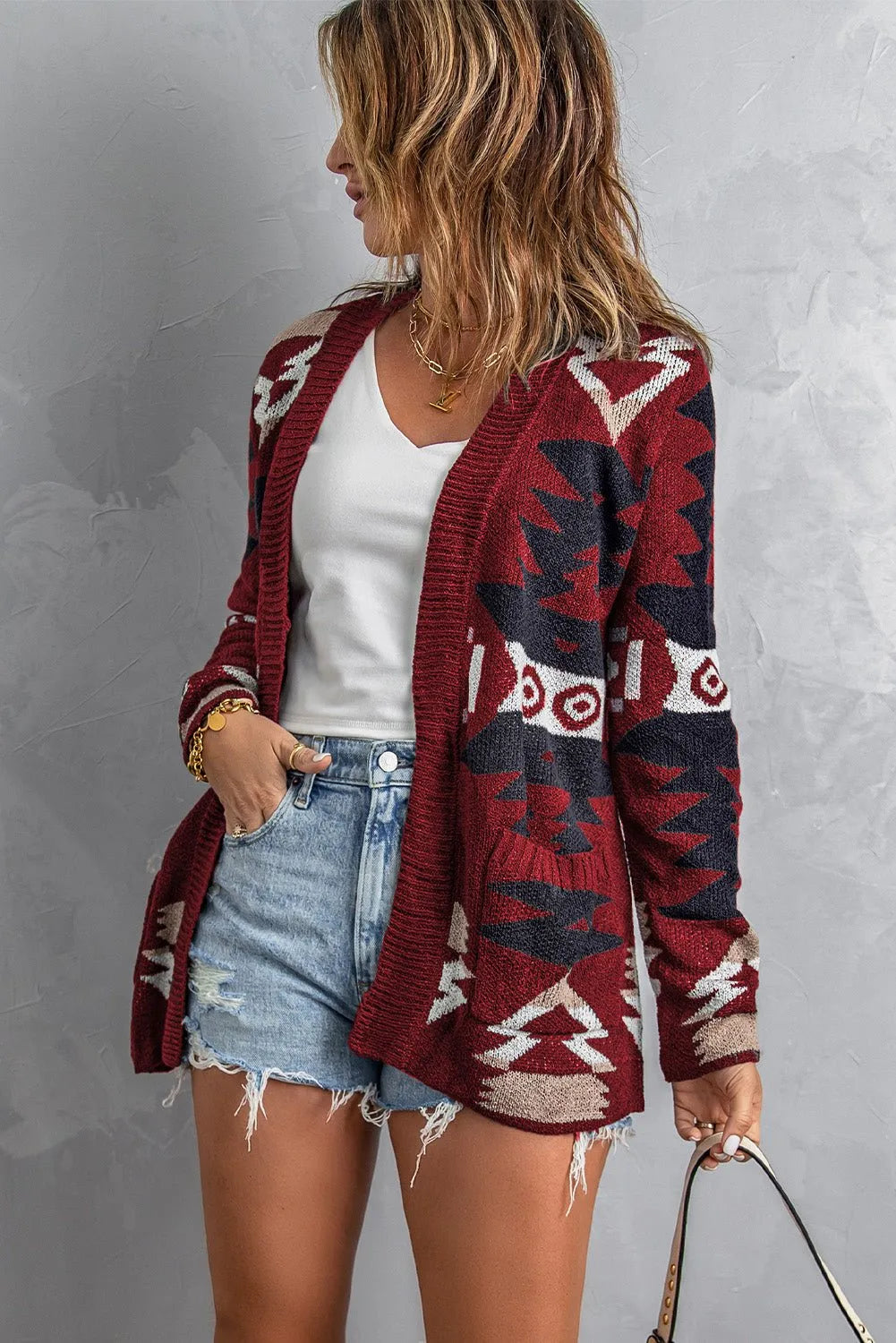 Red Moraga Pocketed Aztec Cardigan - Chic Meadow Boutique 