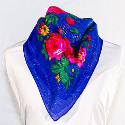 Elegant royal blue floral scarf with  flower pattern