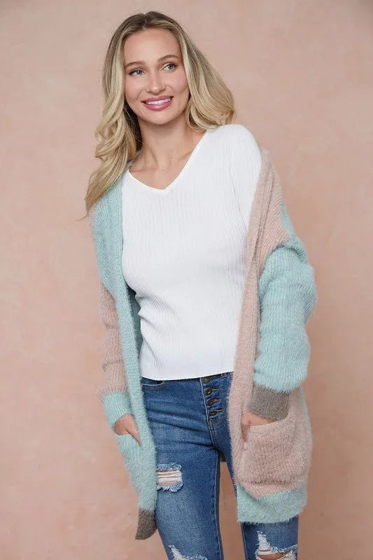 Sweater Hooded Open Front Long Sleeve Cardigan - Mint, Mauve and Mocha - Chic Meadow Boutique 