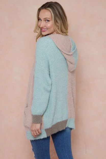 Sweater Hooded Open Front Long Sleeve Cardigan - Mint, Mauve and Mocha - Chic Meadow Boutique 