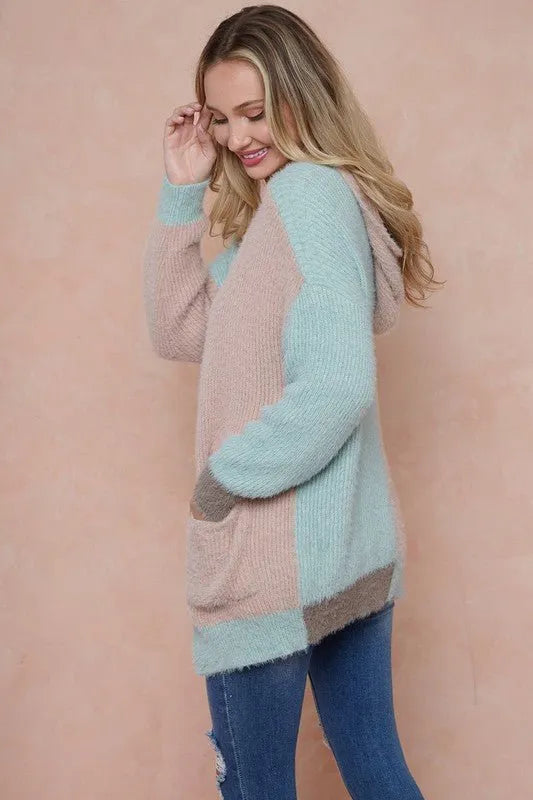 Sweater Hooded Open Front Long Sleeve Cardigan - Mint, Mauve and Mocha - Chic Meadow Boutique 