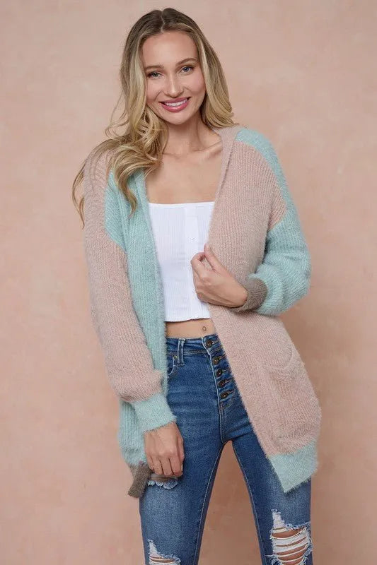 Sweater Hooded Open Front Long Sleeve Cardigan - Mint, Mauve and Mocha - Chic Meadow Boutique 