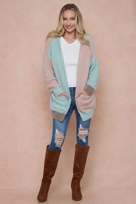 Cardigan Sweater Hooded Open Front Long Sleeve Cardigan - Mint, Mauve and Mocha