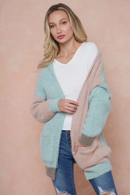 Cardigan Sweater Hooded Open Front Long Sleeve Cardigan - Mint, Mauve and Mocha