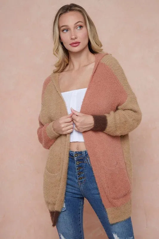 Sweater Hooded Open Front Long Sleeve Cardigan - Rose Camel and Brown - Chic Meadow Boutique 