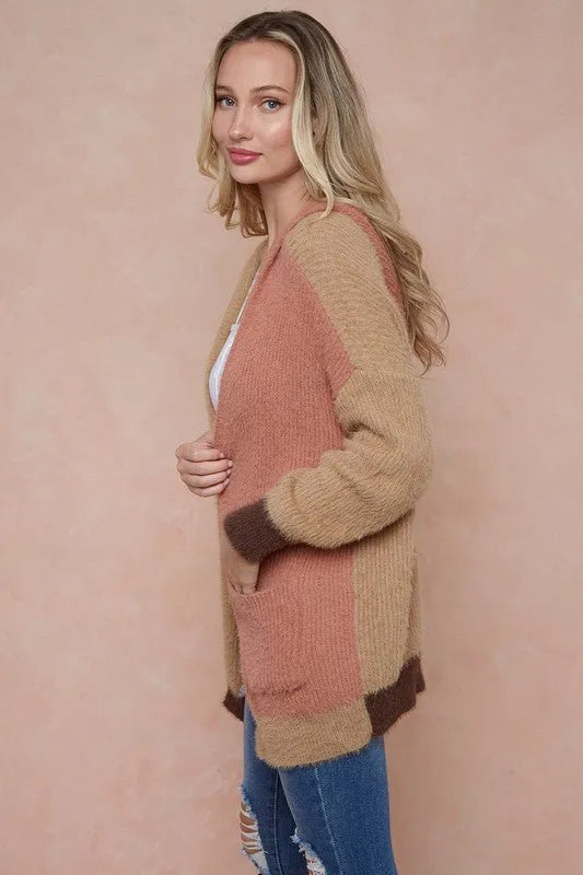 Sweater Hooded Open Front Long Sleeve Cardigan - Rose Camel and Brown - Chic Meadow Boutique 