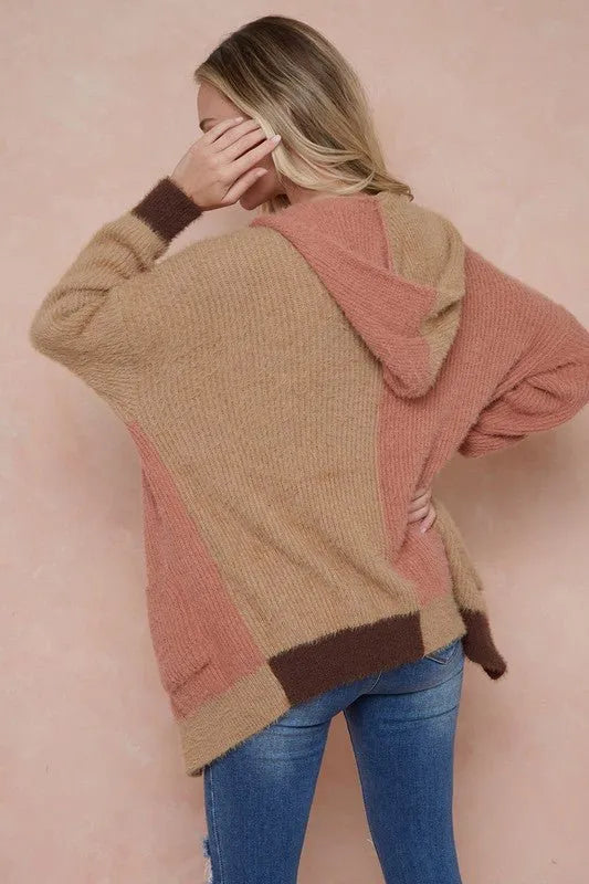 Cardigan Sweater Hooded Open Front Long Sleeve Cardigan - Rose Camel and Brown