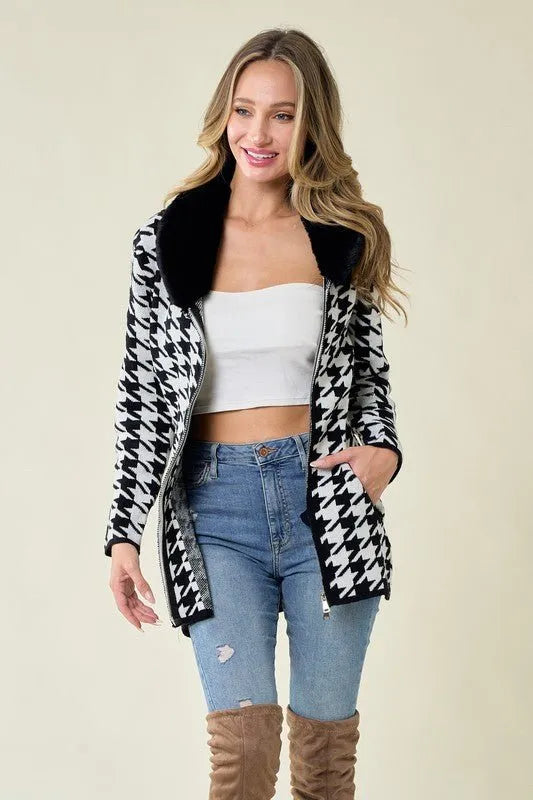 Sweater Zip Front Cardigan with Faux Fur Trim - Chic Meadow Boutique 