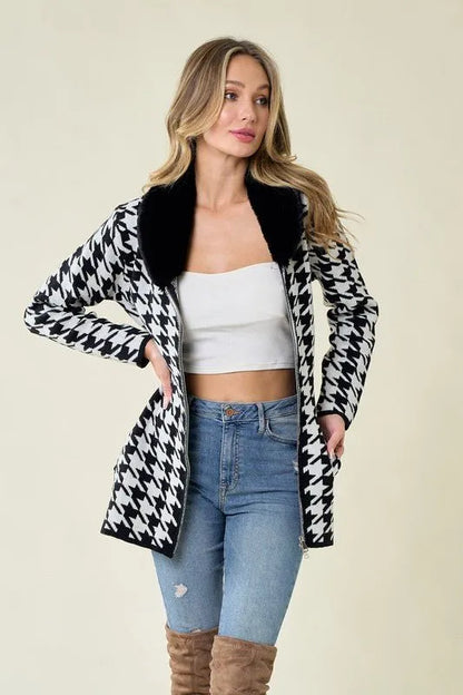 Sweater Zip Front Cardigan with Faux Fur Trim - Chic Meadow Boutique 