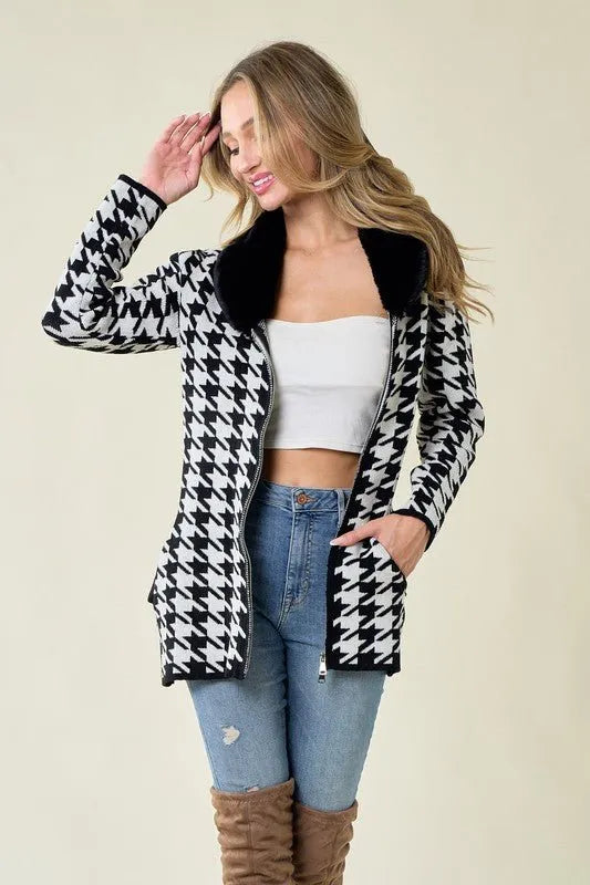 Sweater Zip Front Cardigan with Faux Fur Trim - Chic Meadow Boutique 