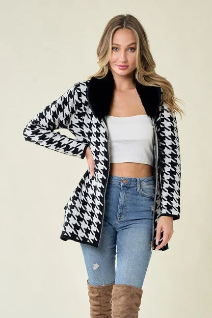 Sweater Zip Front Cardigan with Faux Fur Trim - Chic Meadow Boutique 