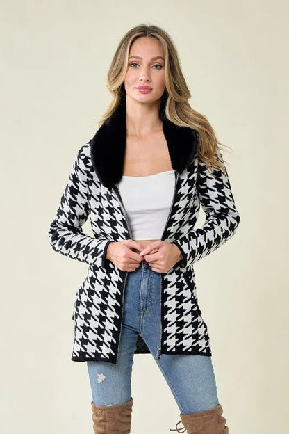 Sweater Zip Front Cardigan with Faux Fur Trim - Chic Meadow Boutique 