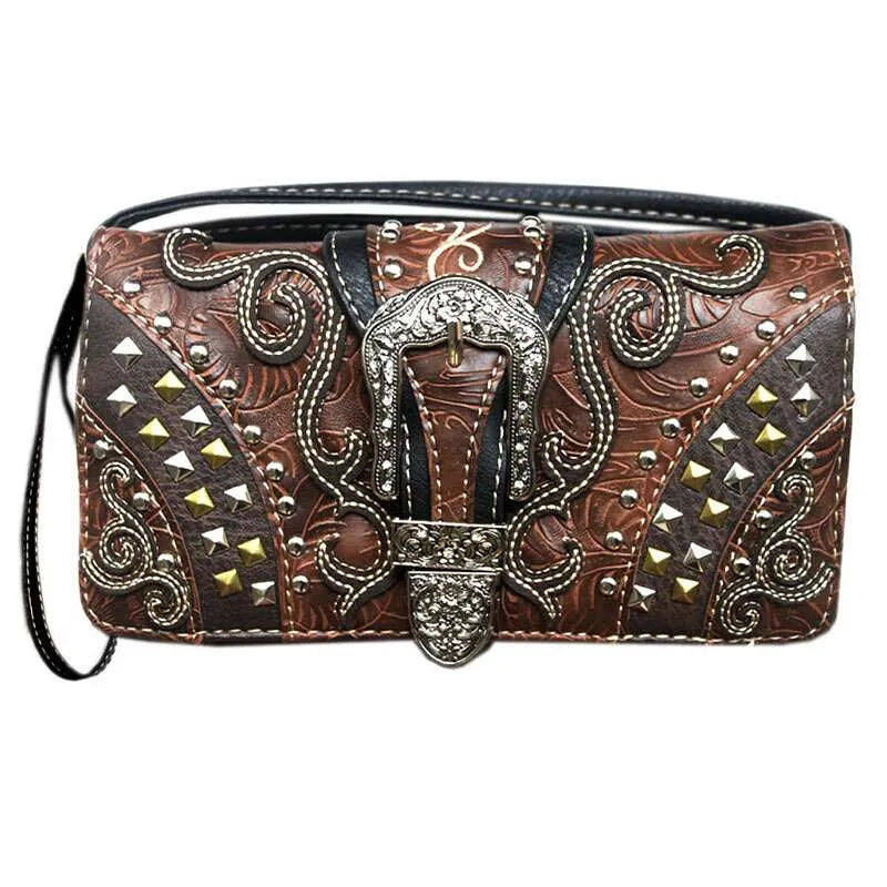 Western Style Embossed Whipstitch and studs – Wallet – Brown