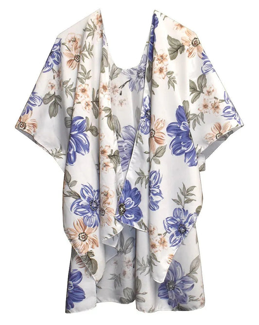 White / Blue Floral Short Kimono 28" Length