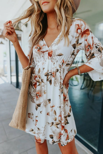 White Boho 3/4 Sleeve Floral Dress with V Neckline - Chic Meadow Boutique 