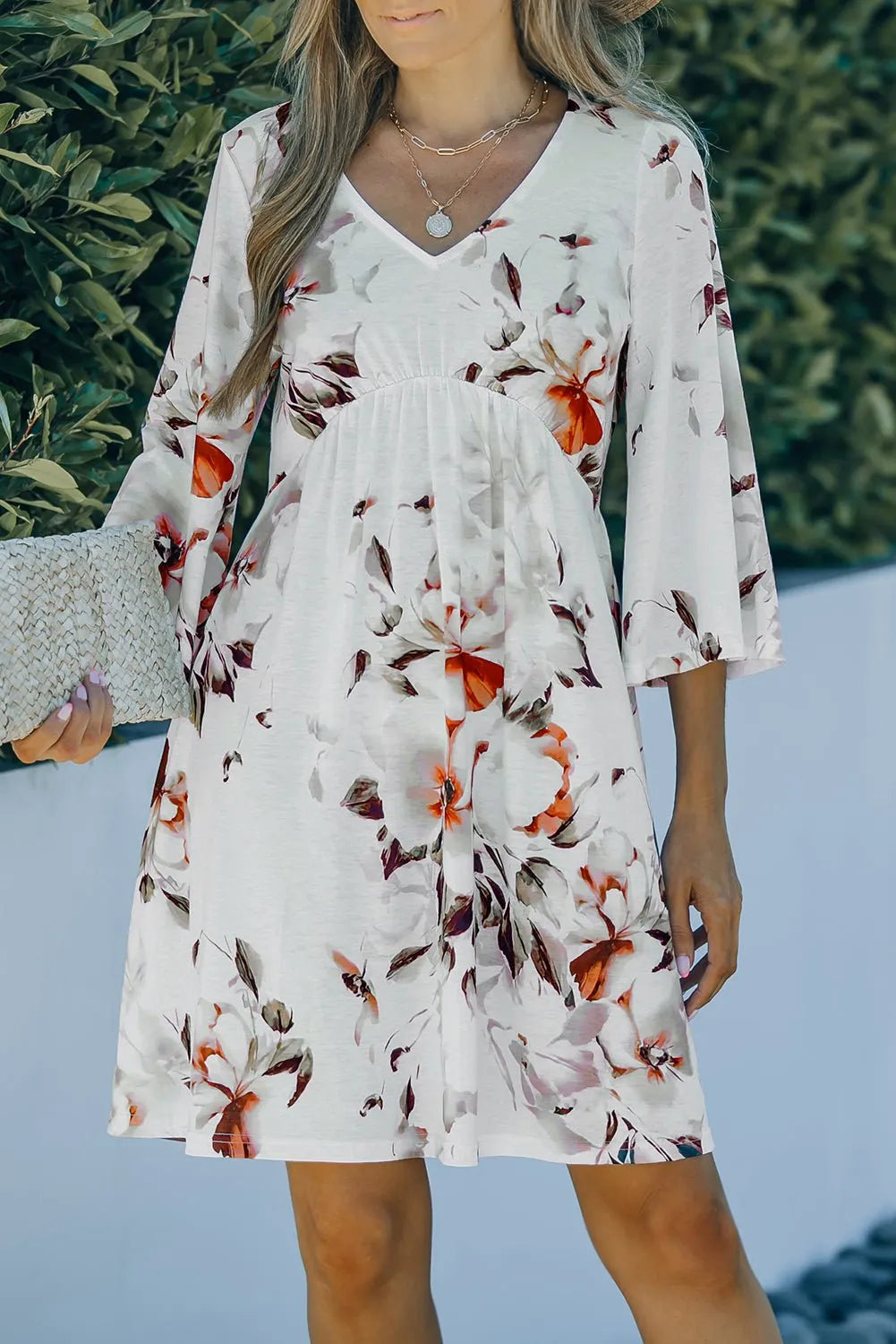 White Boho 3/4 Sleeve Floral Dress with V Neckline - Chic Meadow Boutique 