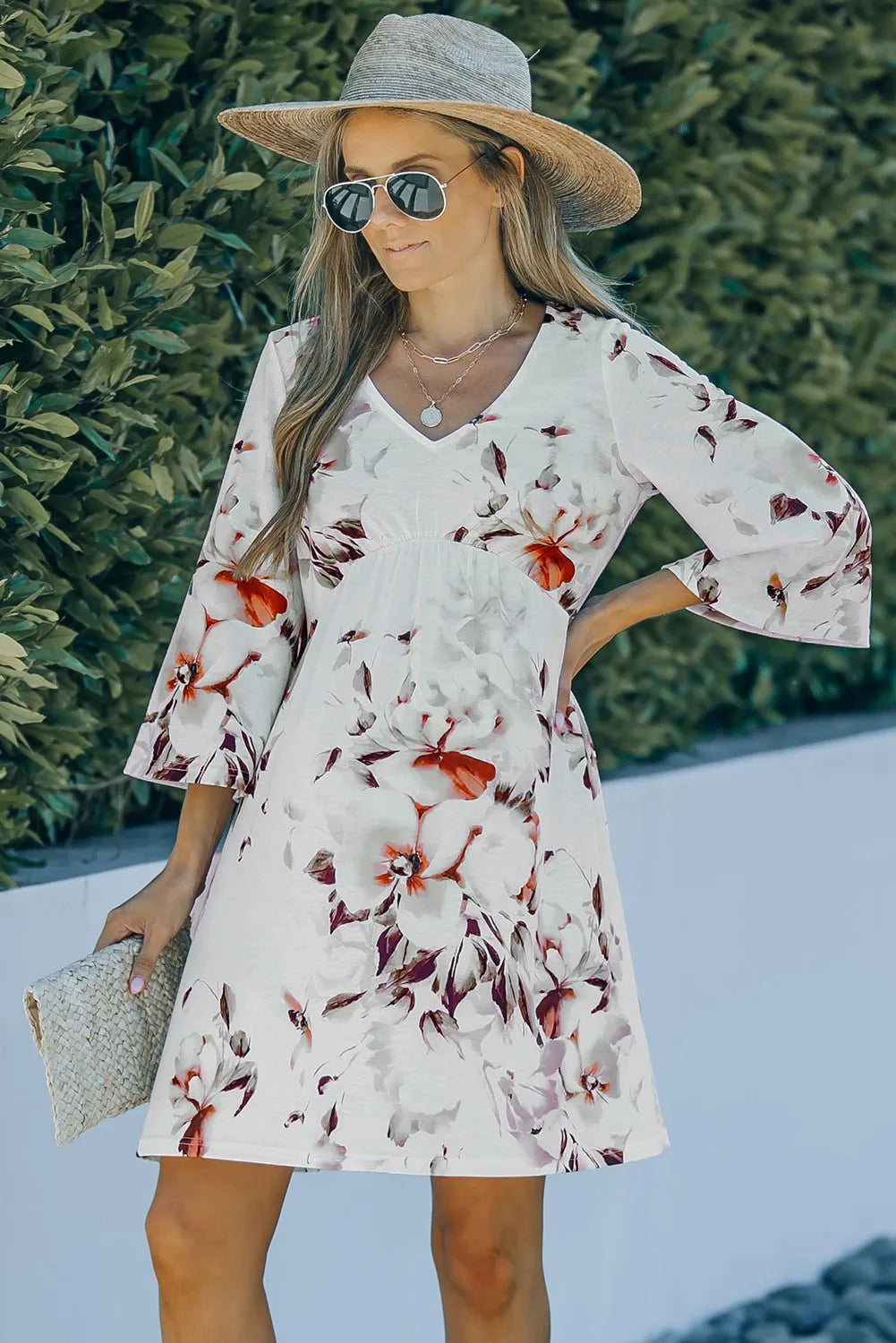 White Boho 3/4 Sleeve Floral Dress with V Neckline - Chic Meadow Boutique 