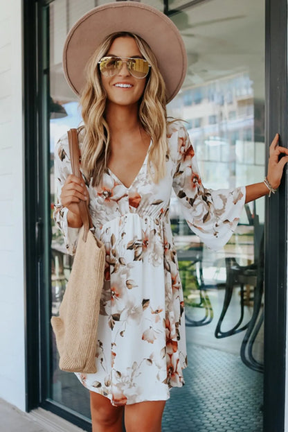 White Boho 3/4 Sleeve Floral Dress with V Neckline - Chic Meadow Boutique 