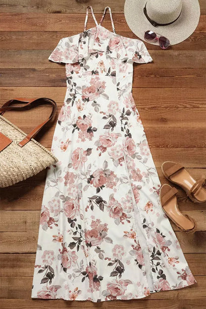 White Floral Slit Ruffled Halterneck Maxi Dress - Chic Meadow Boutique 