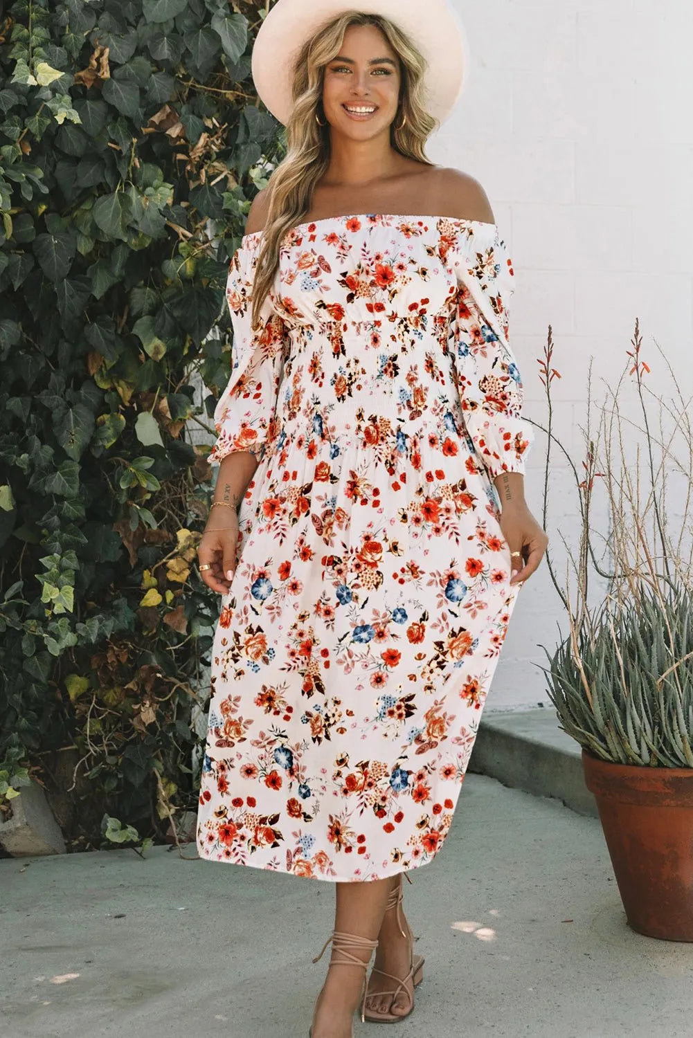 White Off Shoulder Smocked Waist Floral Dress - Chic Meadow Boutique 