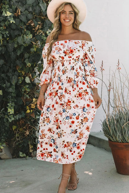 White Off Shoulder Smocked Waist Floral Dress - Chic Meadow Boutique 