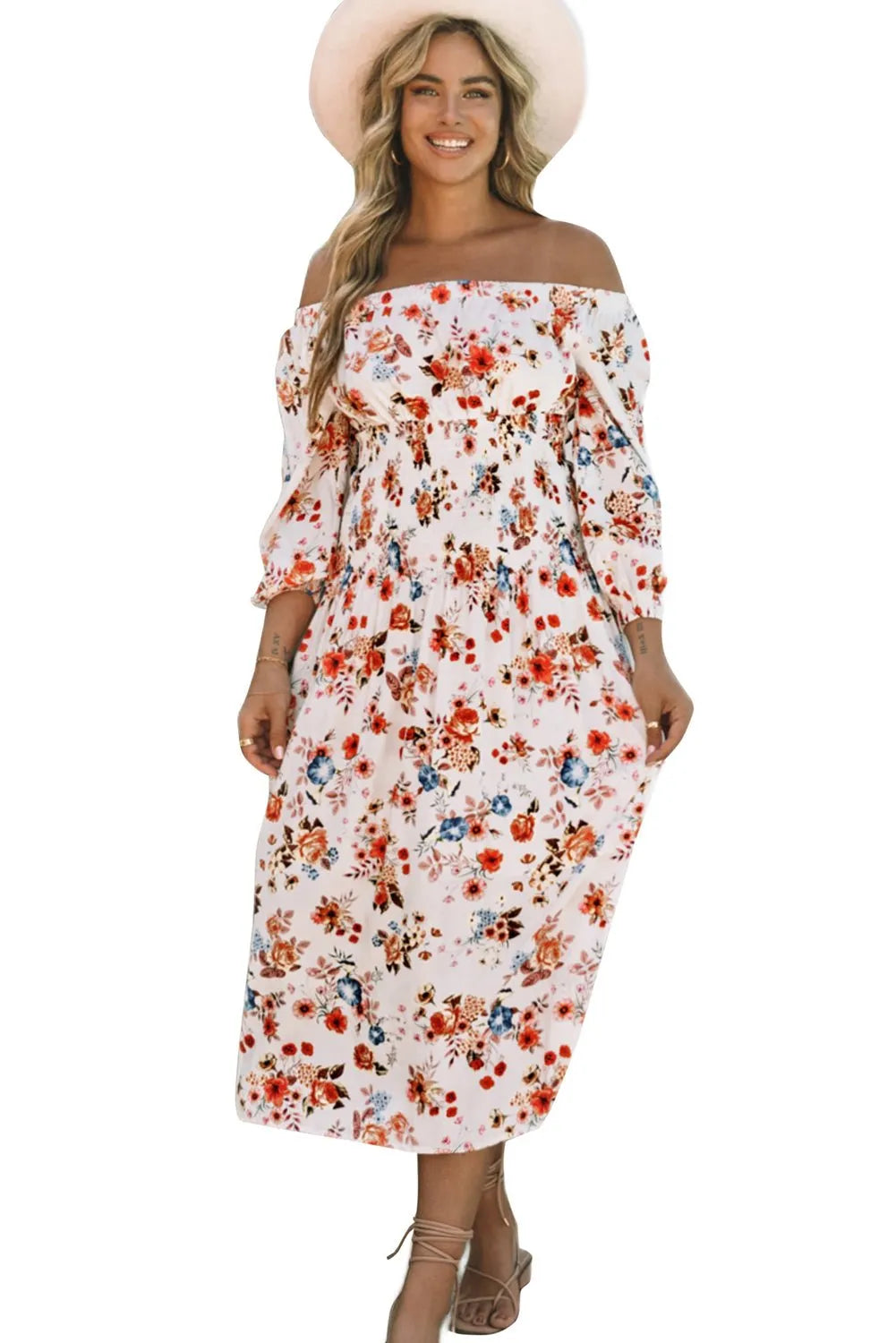 White Off Shoulder Smocked Waist Floral Dress - Chic Meadow Boutique 