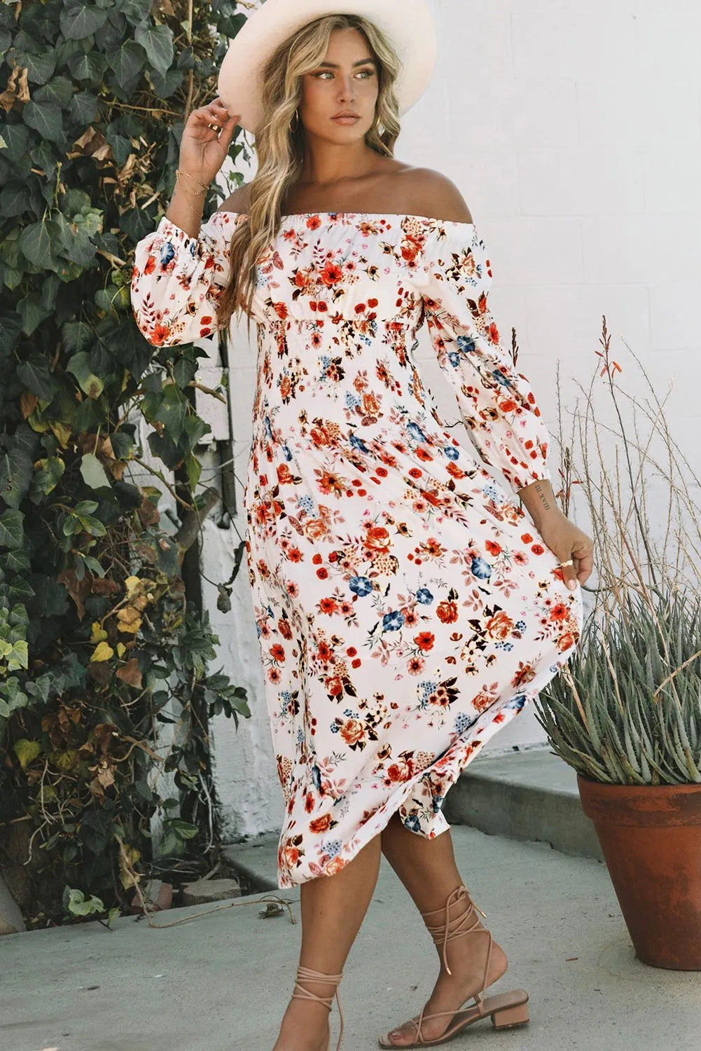 White Off Shoulder Smocked Waist Floral Dress - Chic Meadow Boutique 