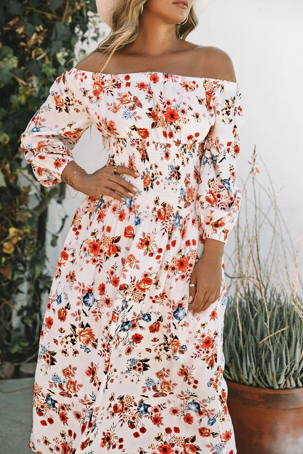 White Off Shoulder Smocked Waist Floral Dress - Chic Meadow Boutique 