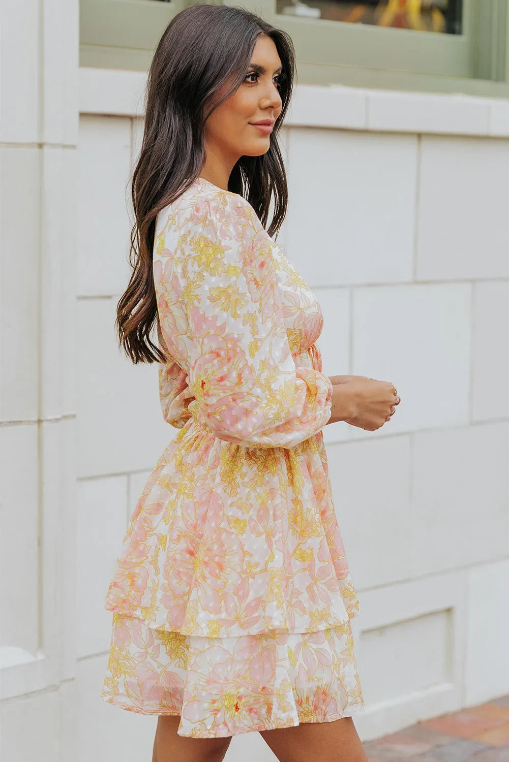 Yellow Puff Sleeve Tiered Floral Dress - Chic Meadow Boutique 