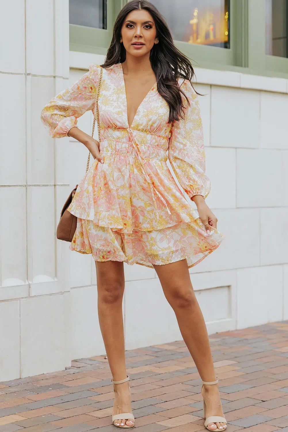 Dress Yellow Puff Sleeve Tiered Floral Dress