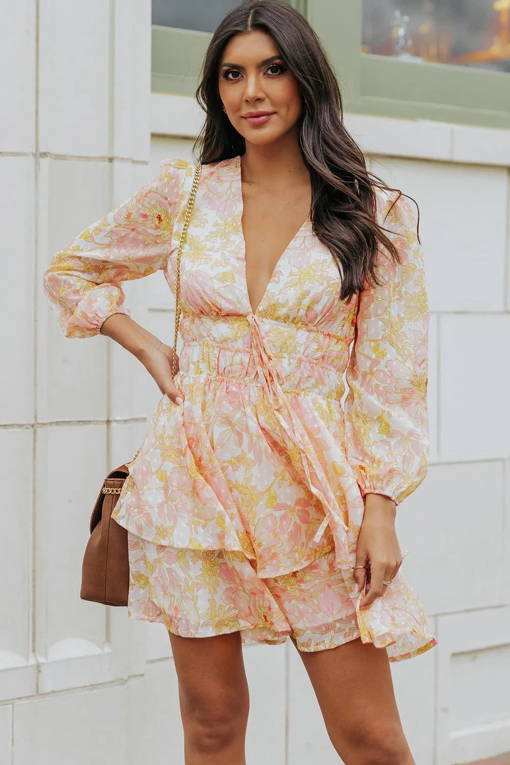 Dress Yellow Puff Sleeve Tiered Floral Dress