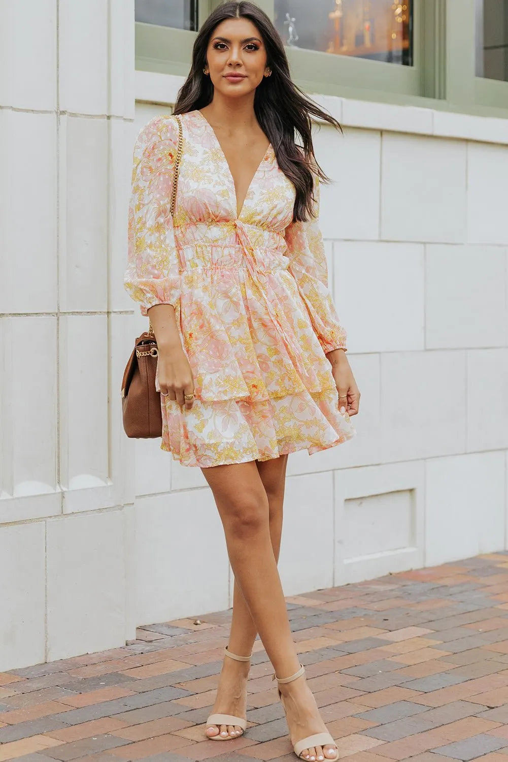 Yellow Puff Sleeve Tiered Floral Dress - Chic Meadow Boutique 