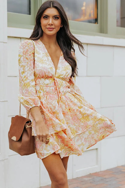 Dress Yellow Puff Sleeve Tiered Floral Dress