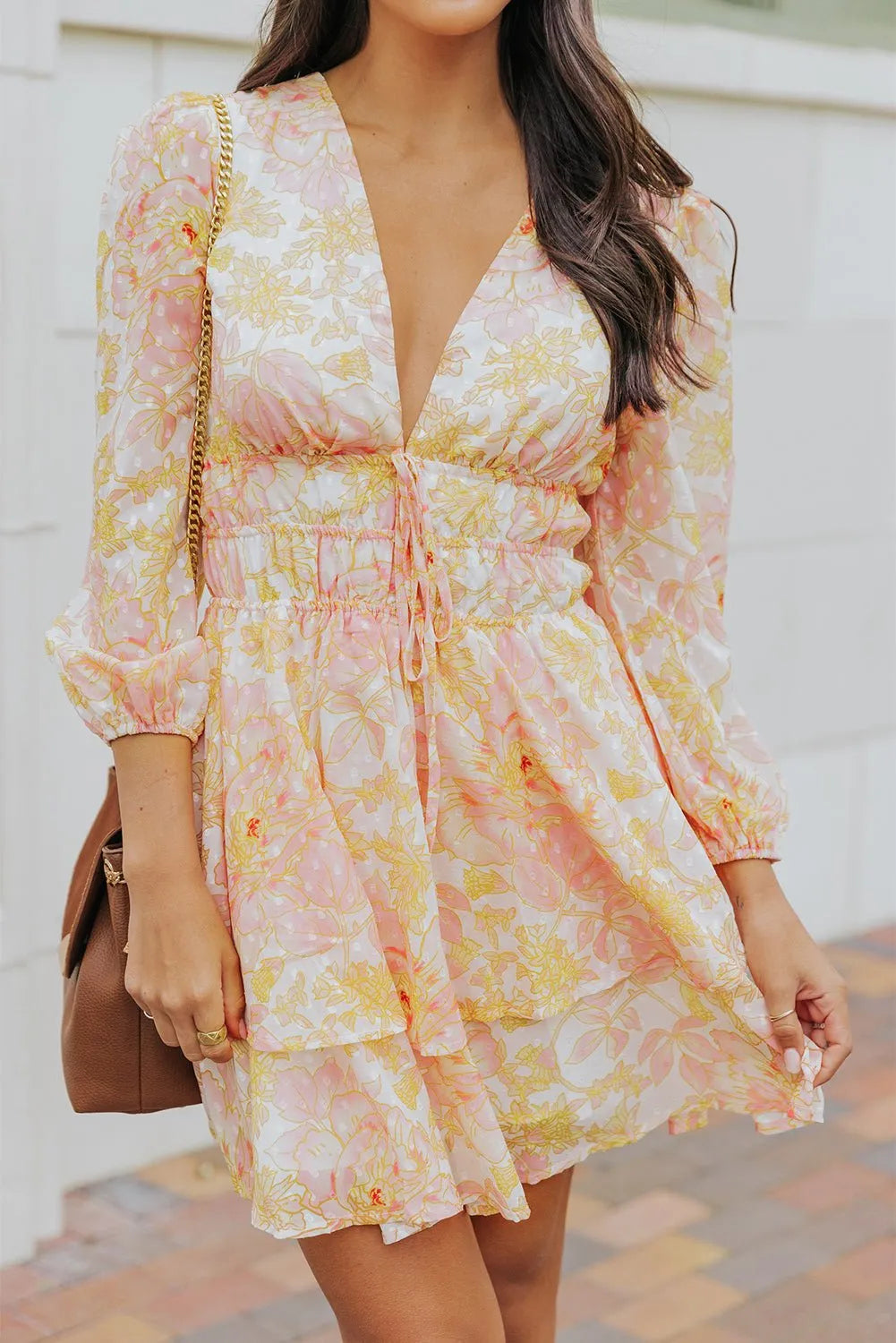 Dress Yellow Puff Sleeve Tiered Floral Dress